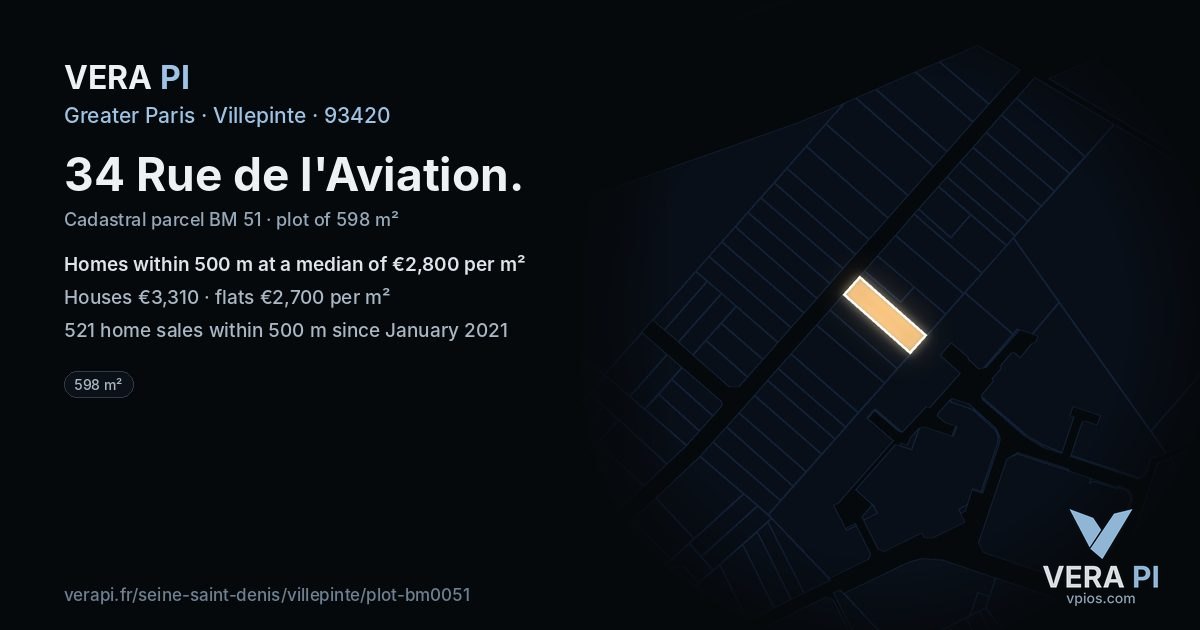 34 Rue de l'Aviation, Villepinte at night – the plot lit, the parcels around coloured by the prices near them