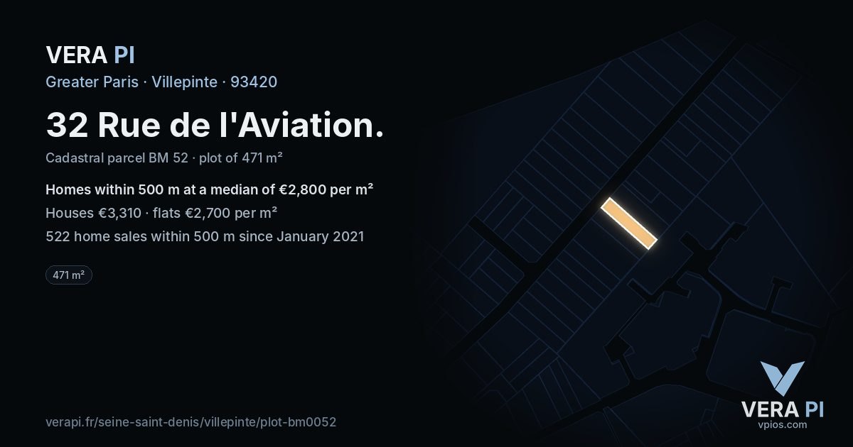 32 Rue de l'Aviation, Villepinte at night – the plot lit, the parcels around coloured by the prices near them