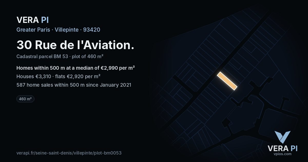 30 Rue de l'Aviation, Villepinte at night – the plot lit, the parcels around coloured by the prices near them