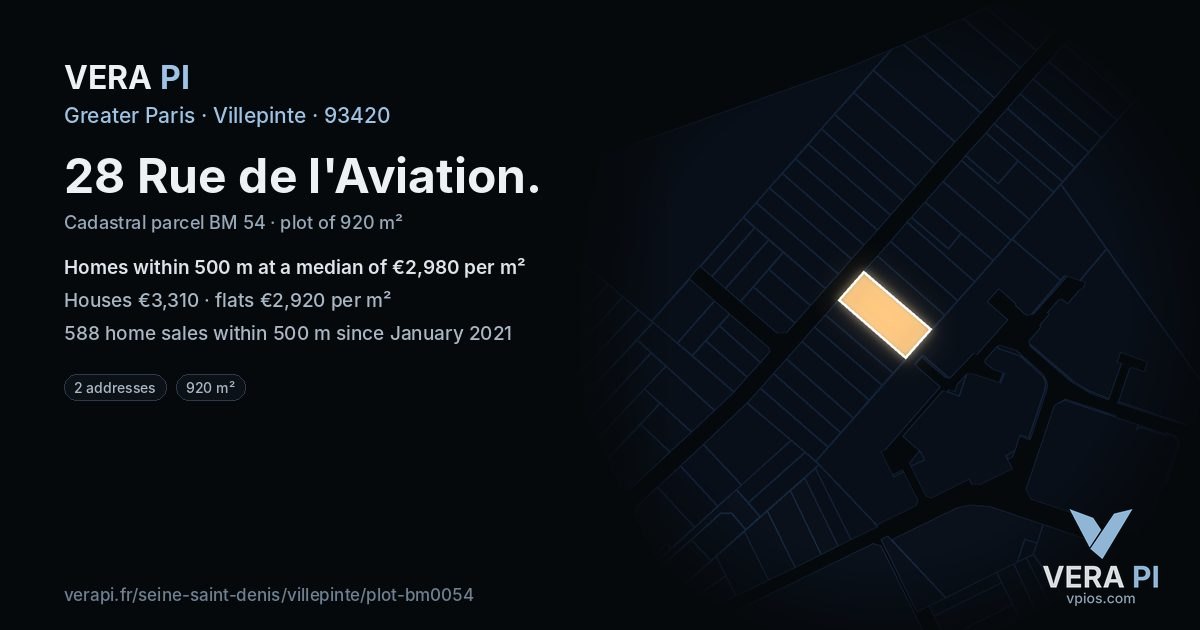 28 Rue de l'Aviation, Villepinte at night – the plot lit, the parcels around coloured by the prices near them