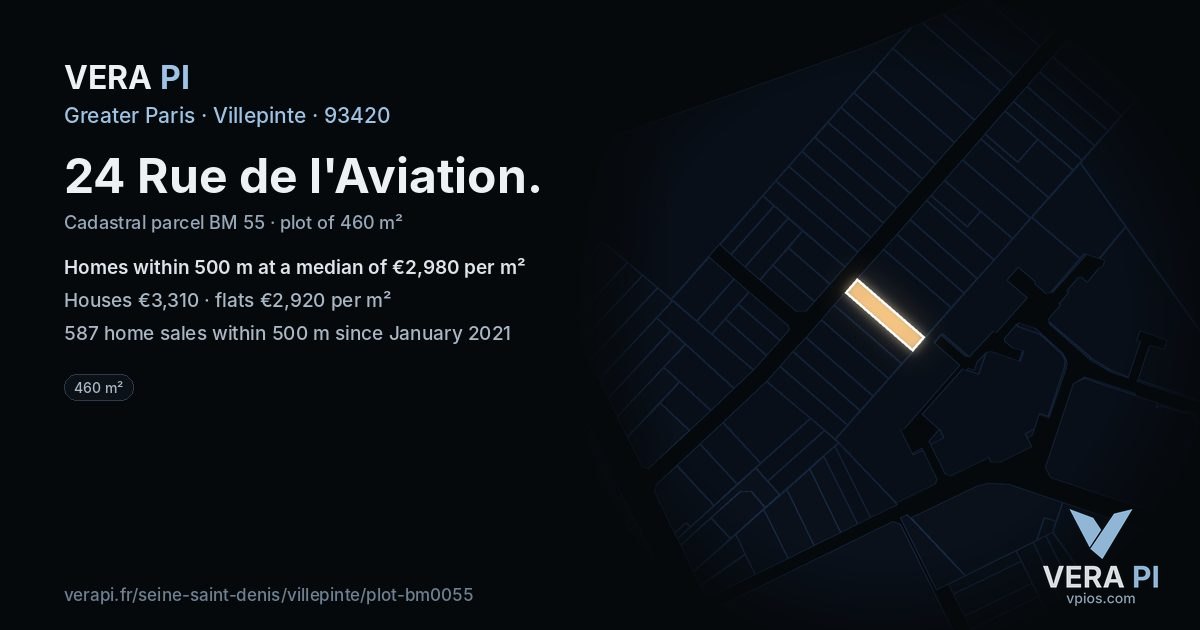 24 Rue de l'Aviation, Villepinte at night – the plot lit, the parcels around coloured by the prices near them