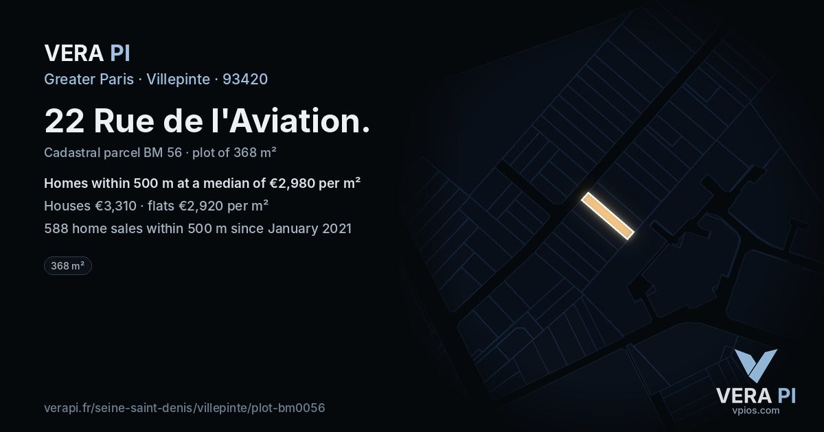 22 Rue de l'Aviation, Villepinte at night – the plot lit, the parcels around coloured by the prices near them