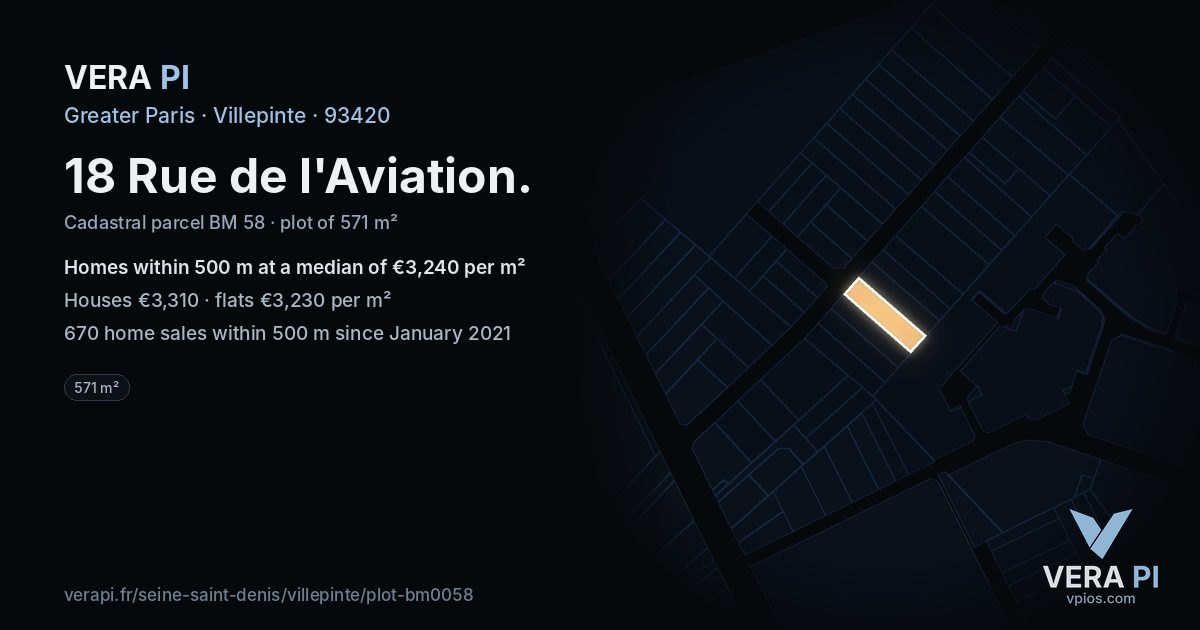 18 Rue de l'Aviation, Villepinte at night – the plot lit, the parcels around coloured by the prices near them