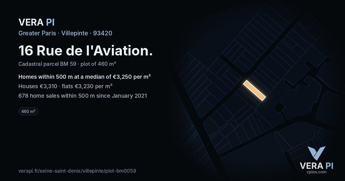 16 Rue de l'Aviation, Villepinte at night – the plot lit, the parcels around coloured by the prices near them