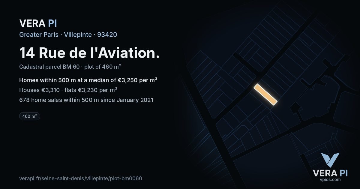14 Rue de l'Aviation, Villepinte at night – the plot lit, the parcels around coloured by the prices near them