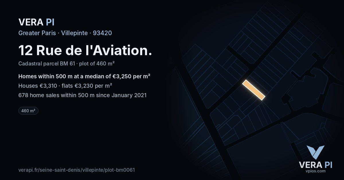 12 Rue de l'Aviation, Villepinte at night – the plot lit, the parcels around coloured by the prices near them