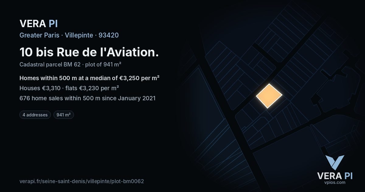 10 bis Rue de l'Aviation, Villepinte at night – the plot lit, the parcels around coloured by the prices near them