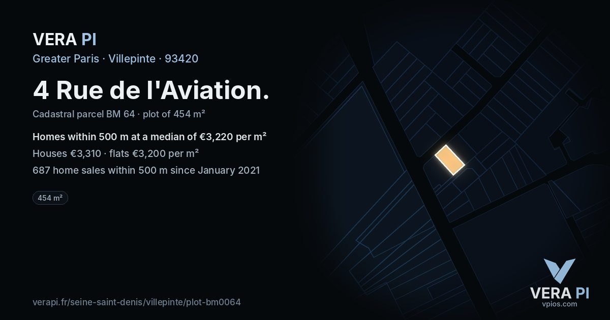 4 Rue de l'Aviation, Villepinte at night – the plot lit, the parcels around coloured by the prices near them