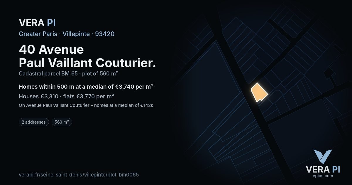 40 Avenue Paul Vaillant Couturier, Villepinte at night – the plot lit, the parcels around coloured by the prices near them