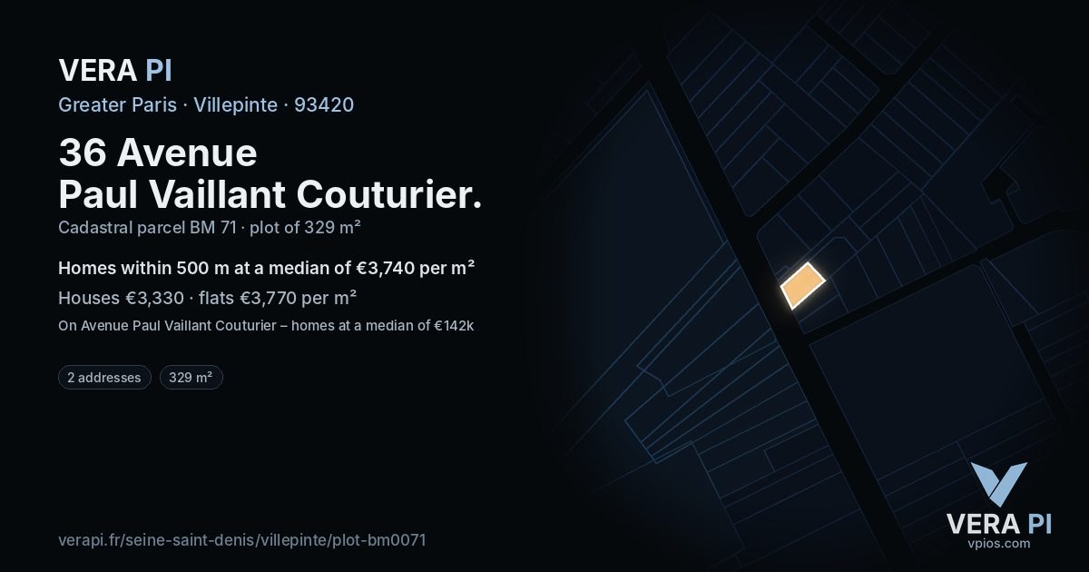 36 Avenue Paul Vaillant Couturier, Villepinte at night – the plot lit, the parcels around coloured by the prices near them