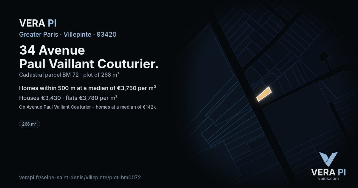 34 Avenue Paul Vaillant Couturier, Villepinte at night – the plot lit, the parcels around coloured by the prices near them