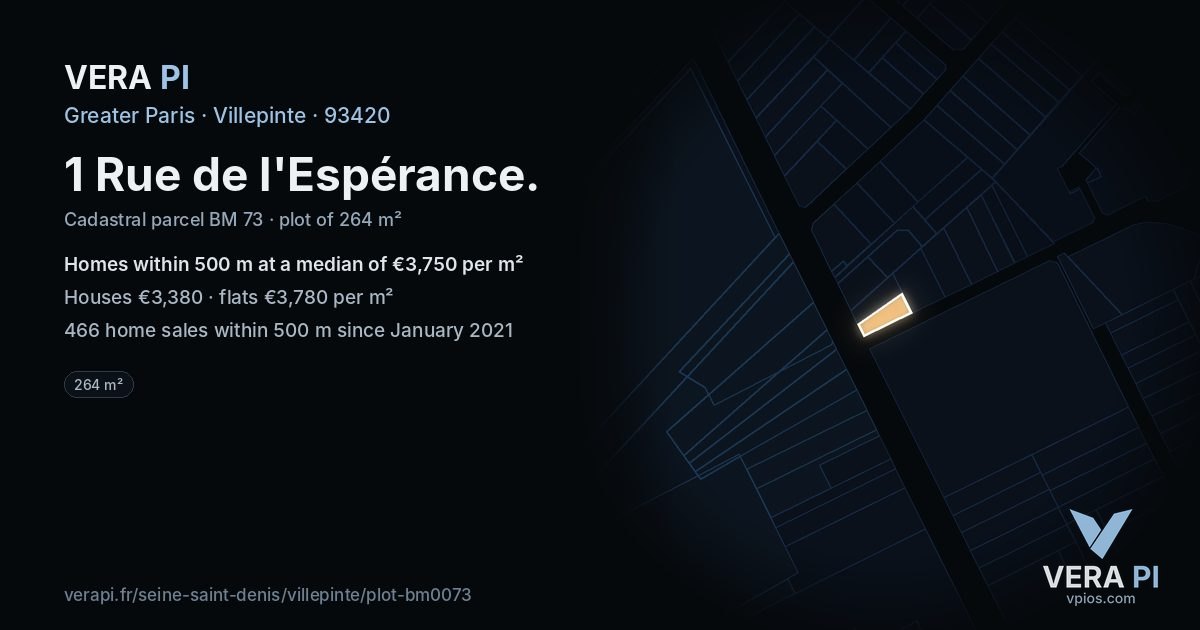 1 Rue de l'Espérance, Villepinte at night – the plot lit, the parcels around coloured by the prices near them