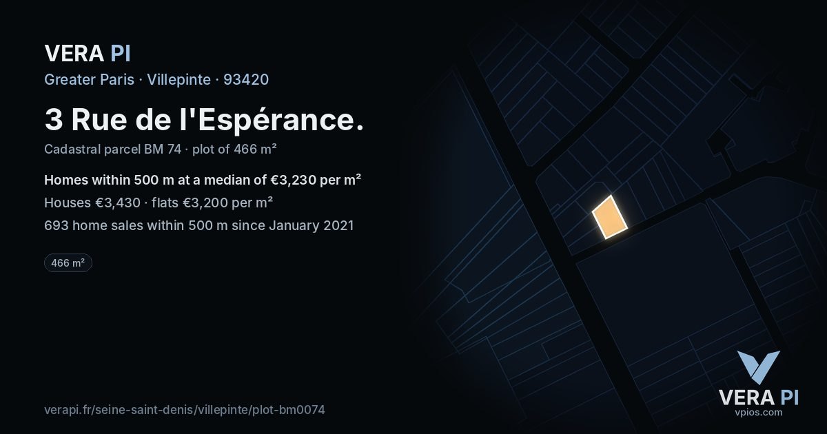 3 Rue de l'Espérance, Villepinte at night – the plot lit, the parcels around coloured by the prices near them
