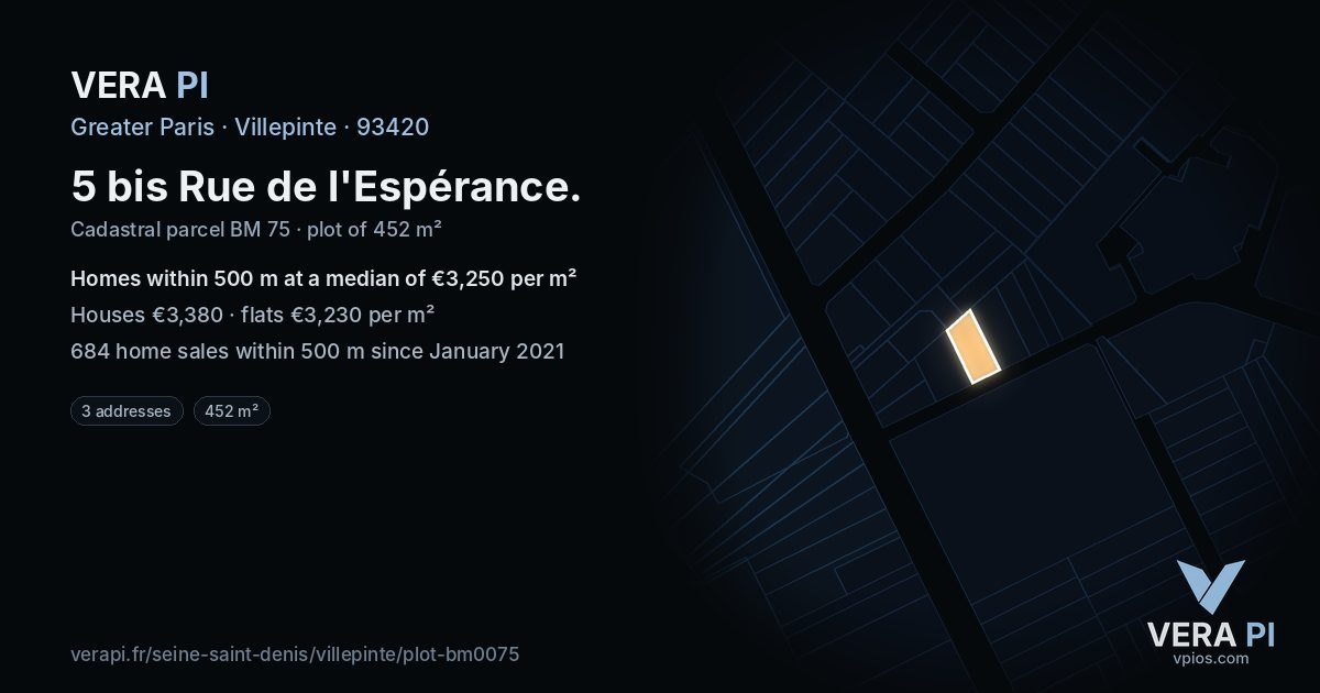 5 bis Rue de l'Espérance, Villepinte at night – the plot lit, the parcels around coloured by the prices near them