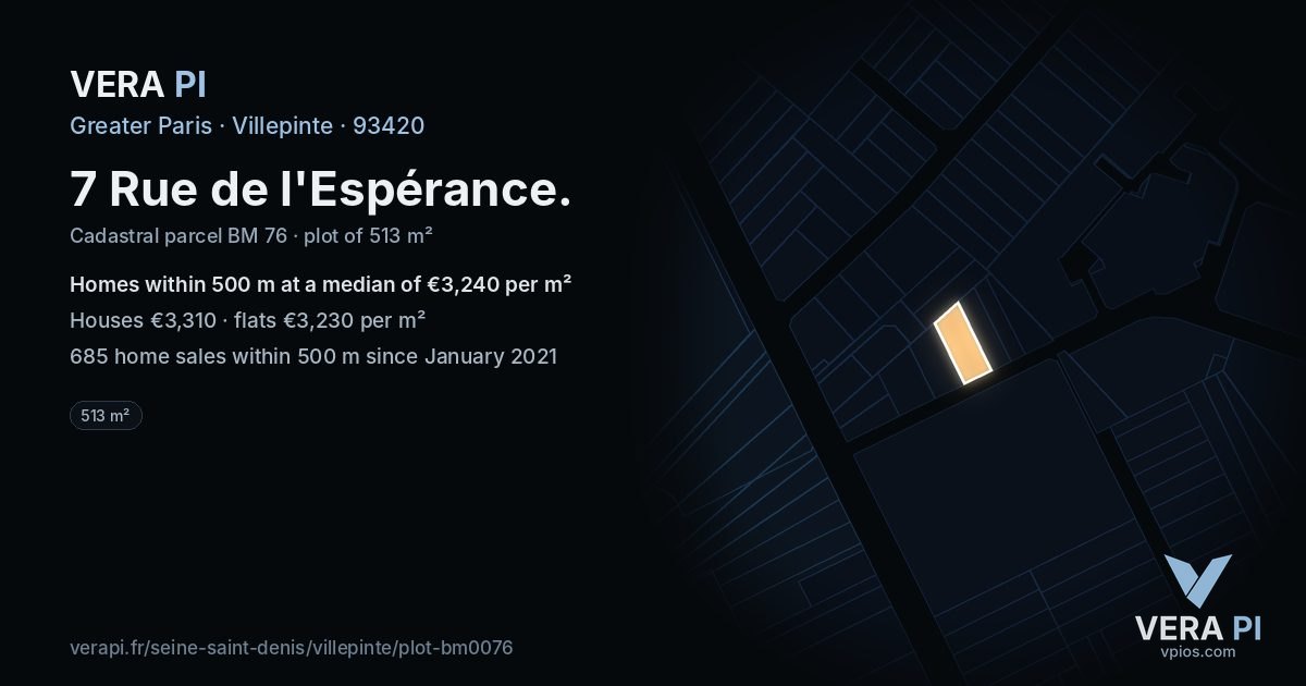 7 Rue de l'Espérance, Villepinte at night – the plot lit, the parcels around coloured by the prices near them