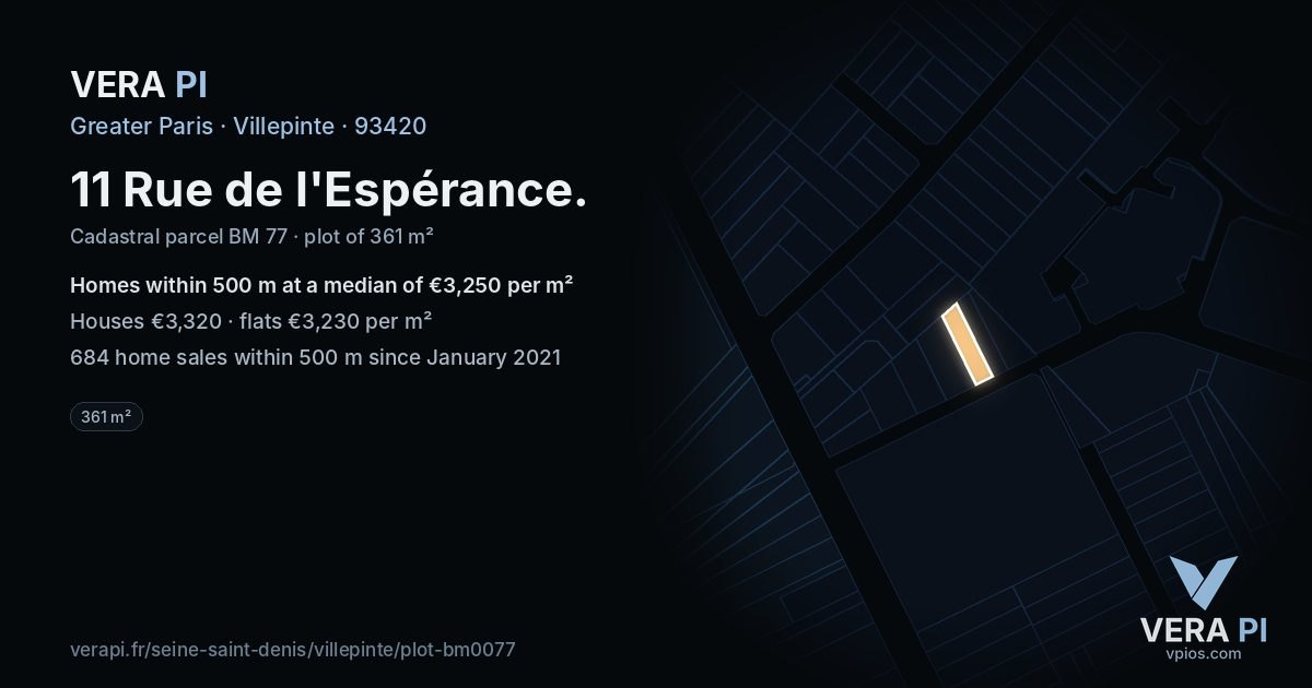 11 Rue de l'Espérance, Villepinte at night – the plot lit, the parcels around coloured by the prices near them