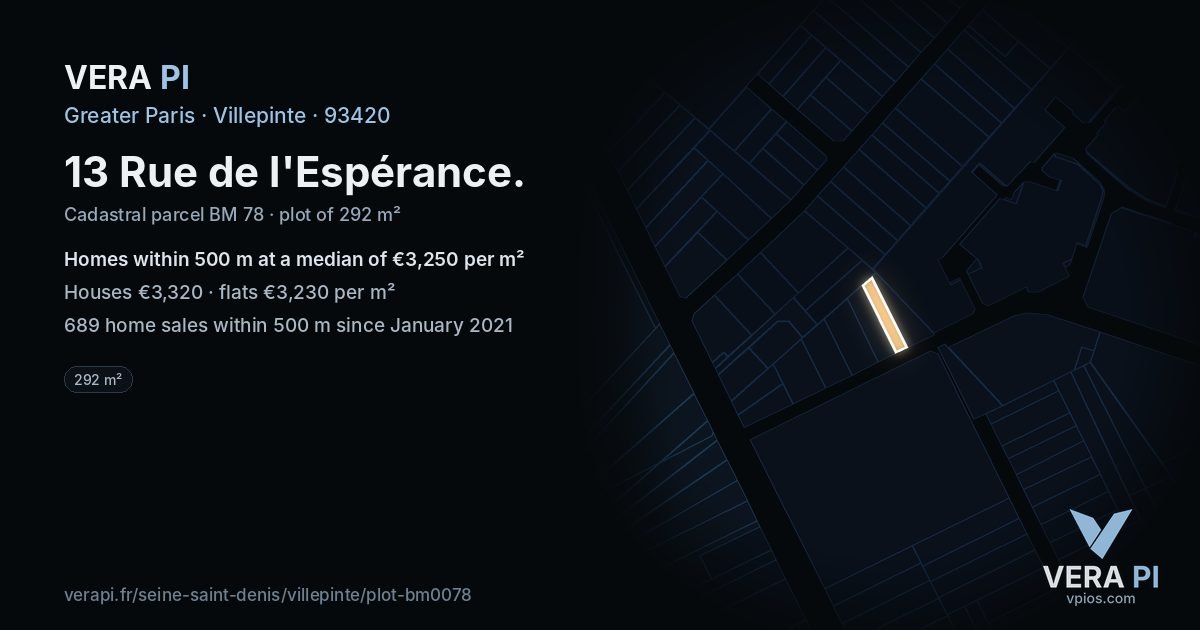 13 Rue de l'Espérance, Villepinte at night – the plot lit, the parcels around coloured by the prices near them