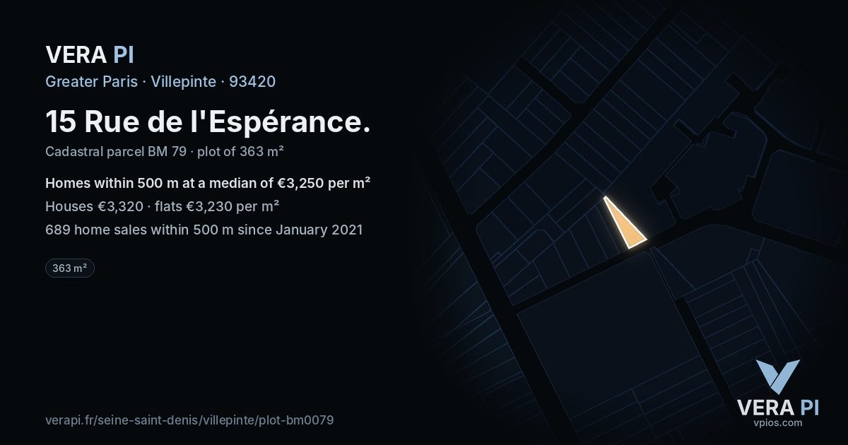 15 Rue de l'Espérance, Villepinte at night – the plot lit, the parcels around coloured by the prices near them