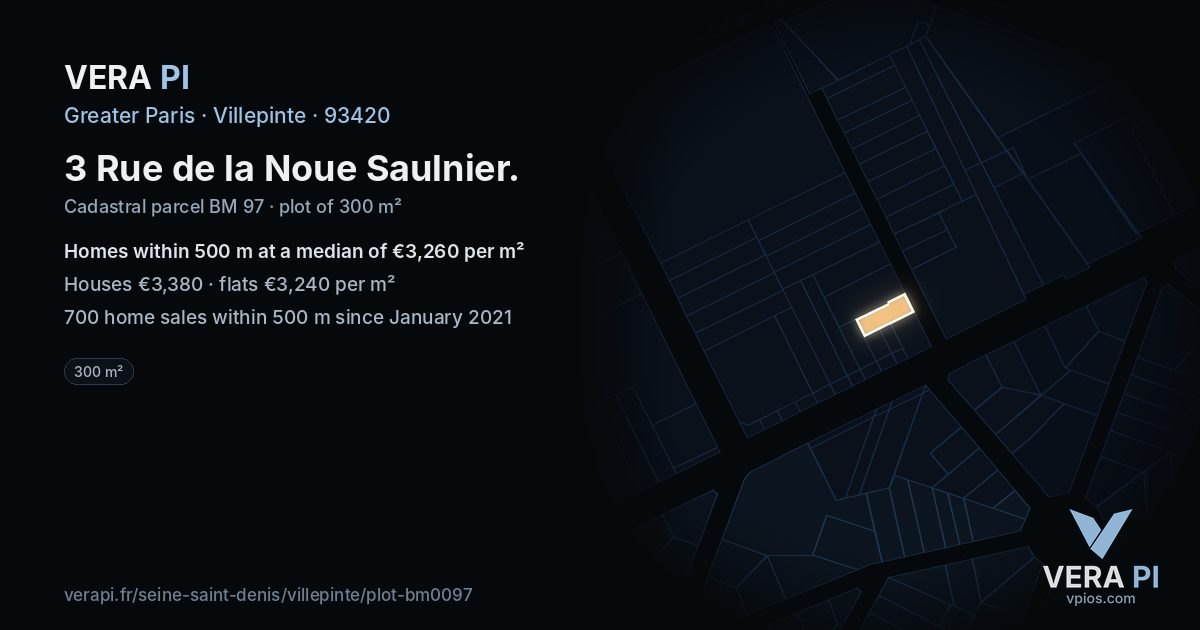 3 Rue de la Noue Saulnier, Villepinte at night – the plot lit, the parcels around coloured by the prices near them