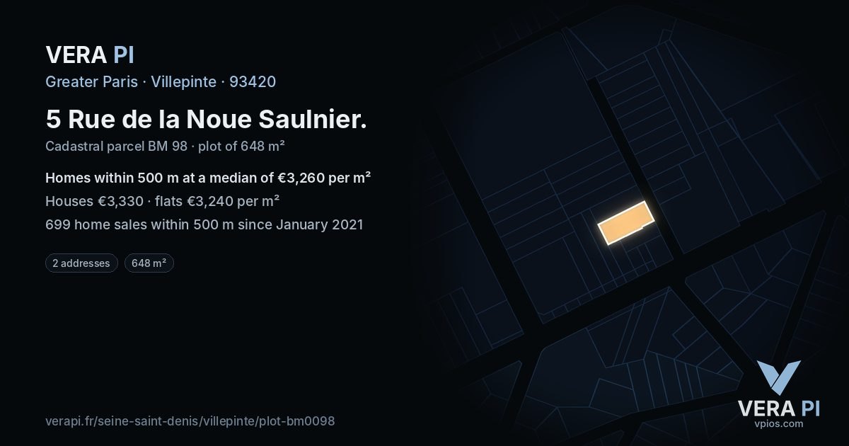 5 Rue de la Noue Saulnier, Villepinte at night – the plot lit, the parcels around coloured by the prices near them