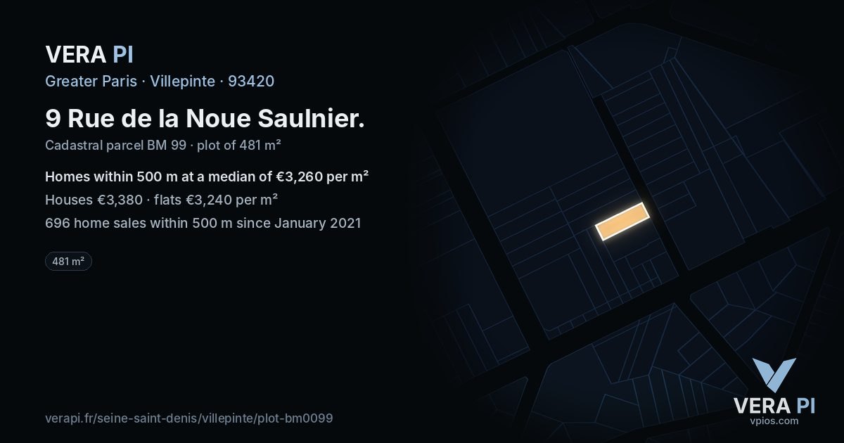 9 Rue de la Noue Saulnier, Villepinte at night – the plot lit, the parcels around coloured by the prices near them