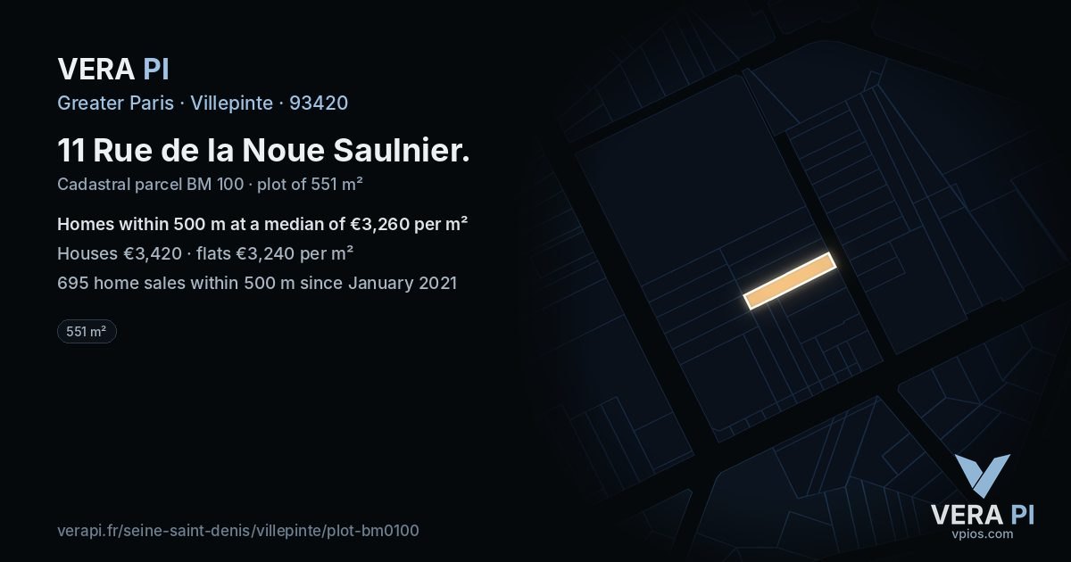 11 Rue de la Noue Saulnier, Villepinte at night – the plot lit, the parcels around coloured by the prices near them