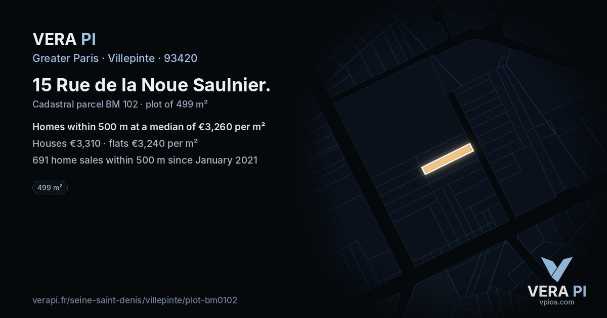 15 Rue de la Noue Saulnier, Villepinte at night – the plot lit, the parcels around coloured by the prices near them