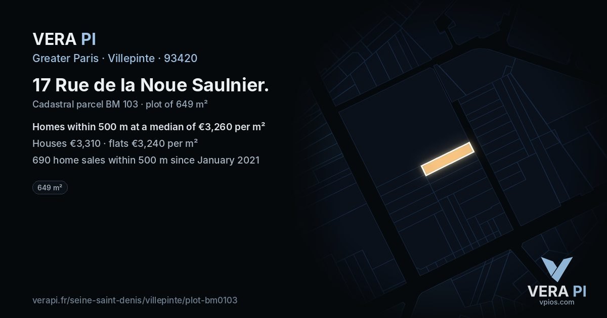 17 Rue de la Noue Saulnier, Villepinte at night – the plot lit, the parcels around coloured by the prices near them