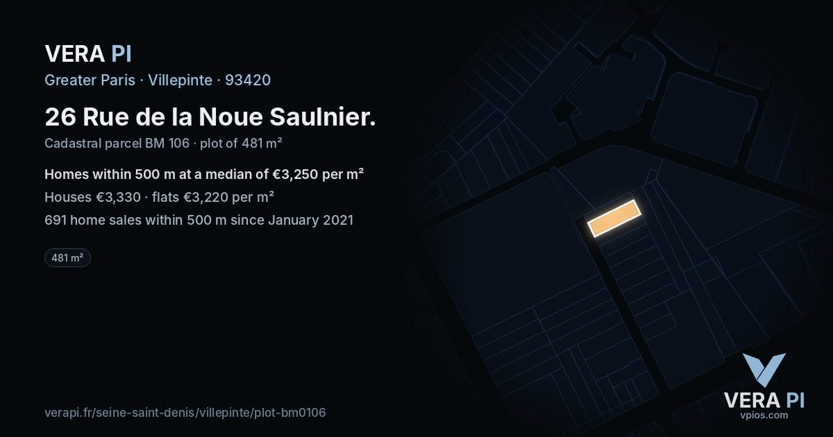 26 Rue de la Noue Saulnier, Villepinte at night – the plot lit, the parcels around coloured by the prices near them