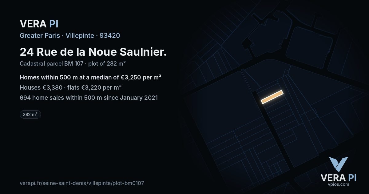 24 Rue de la Noue Saulnier, Villepinte at night – the plot lit, the parcels around coloured by the prices near them