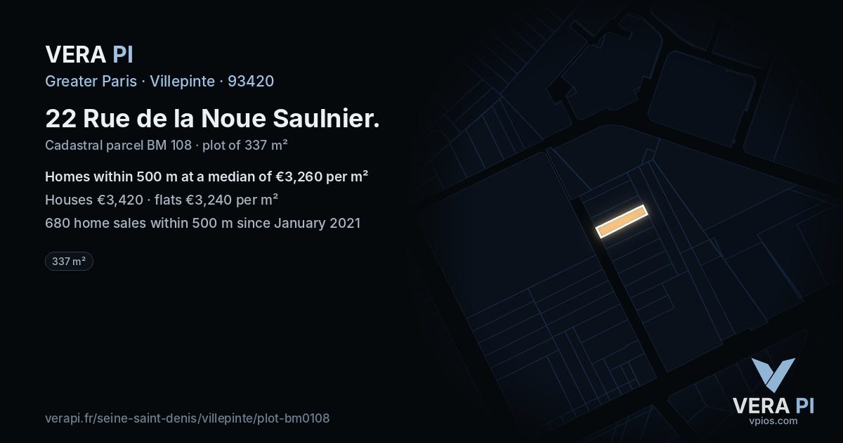 22 Rue de la Noue Saulnier, Villepinte at night – the plot lit, the parcels around coloured by the prices near them