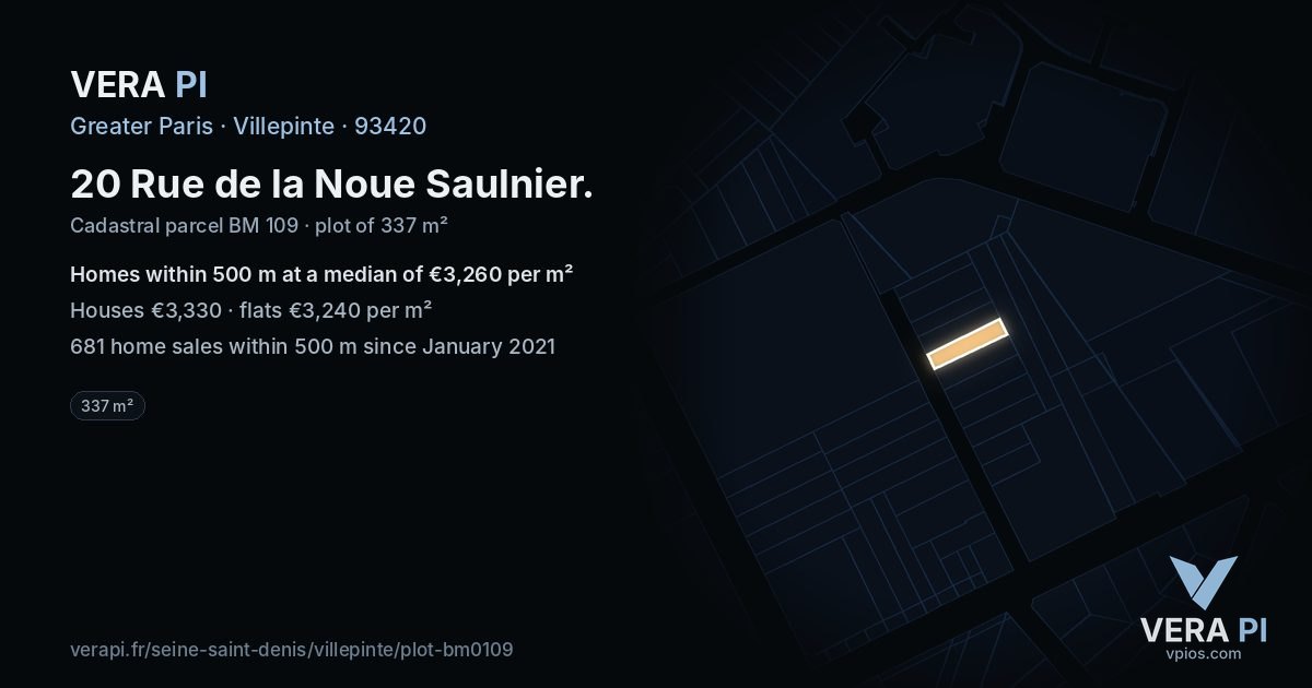 20 Rue de la Noue Saulnier, Villepinte at night – the plot lit, the parcels around coloured by the prices near them