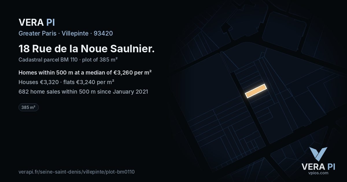 18 Rue de la Noue Saulnier, Villepinte at night – the plot lit, the parcels around coloured by the prices near them