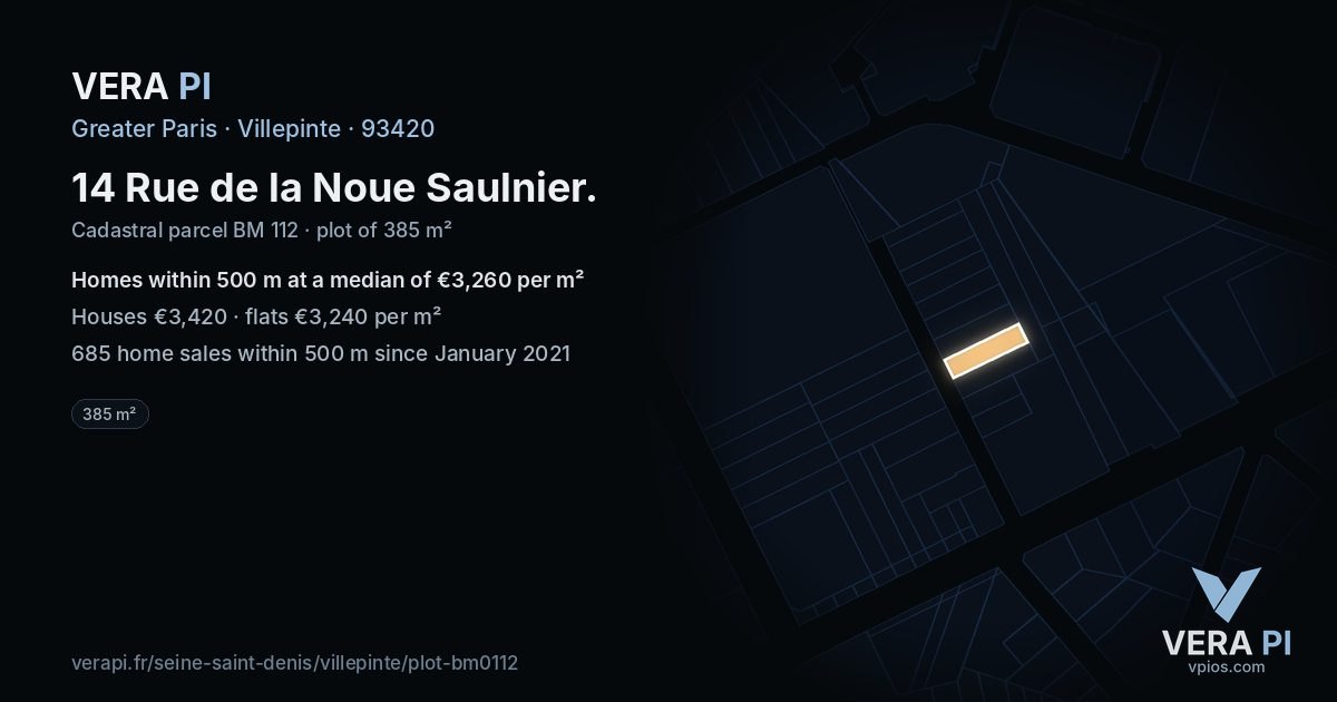 14 Rue de la Noue Saulnier, Villepinte at night – the plot lit, the parcels around coloured by the prices near them