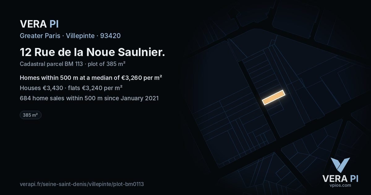 12 Rue de la Noue Saulnier, Villepinte at night – the plot lit, the parcels around coloured by the prices near them