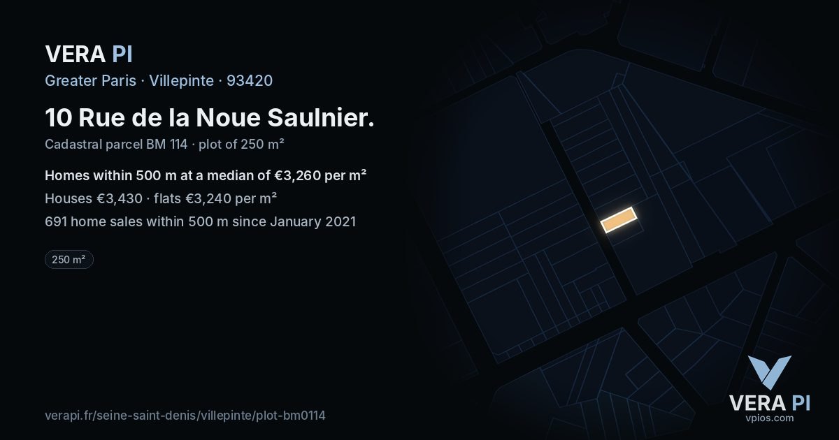 10 Rue de la Noue Saulnier, Villepinte at night – the plot lit, the parcels around coloured by the prices near them