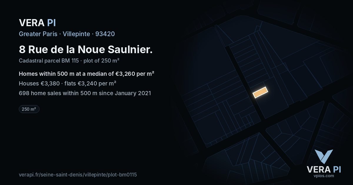 8 Rue de la Noue Saulnier, Villepinte at night – the plot lit, the parcels around coloured by the prices near them