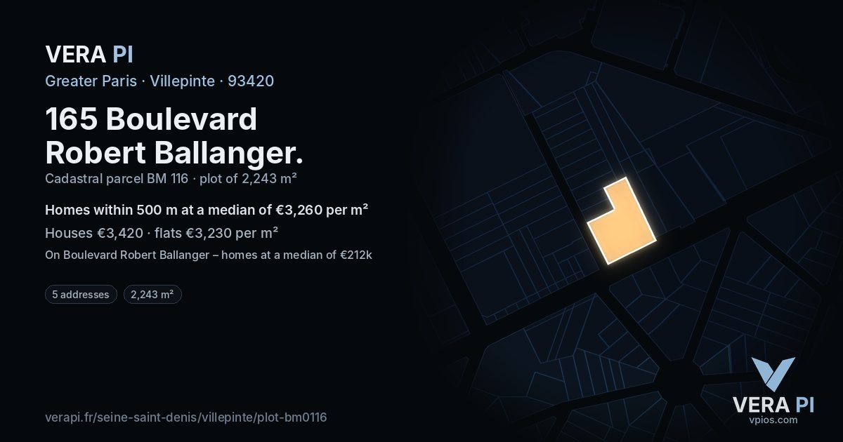 165 Boulevard Robert Ballanger, Villepinte at night – the plot lit, the parcels around coloured by the prices near them