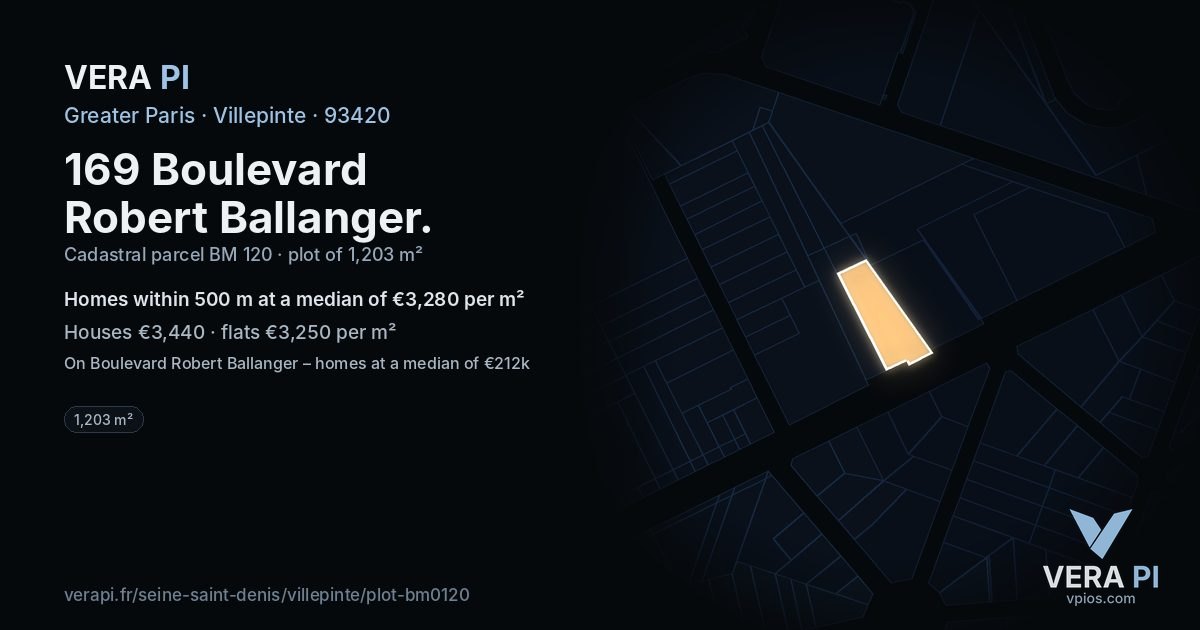 169 Boulevard Robert Ballanger, Villepinte at night – the plot lit, the parcels around coloured by the prices near them