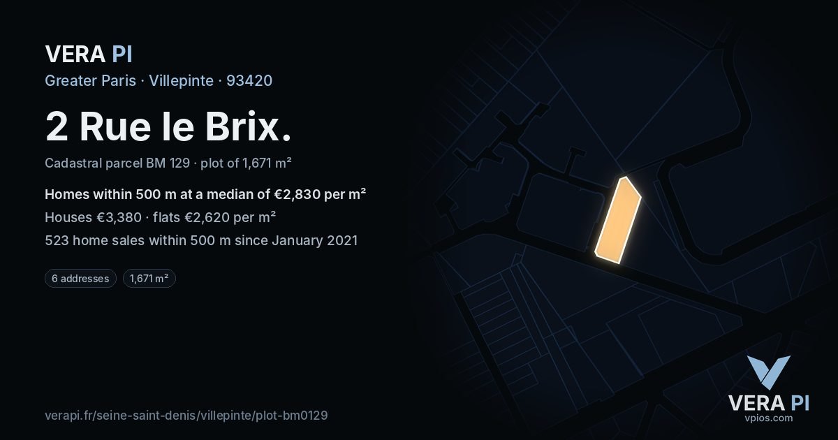 2 Rue le Brix, Villepinte at night – the plot lit, the parcels around coloured by the prices near them