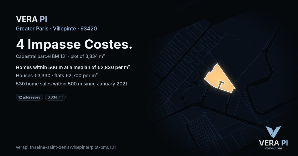 4 Impasse Costes, Villepinte at night – the plot lit, the parcels around coloured by the prices near them
