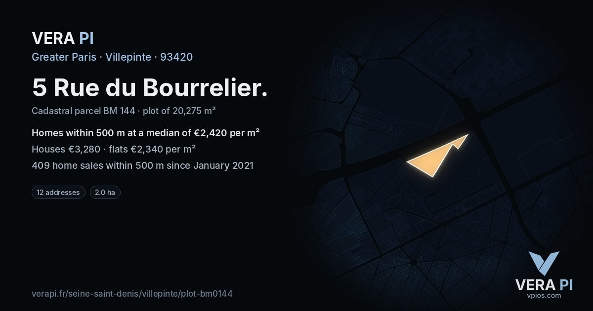 5 Rue du Bourrelier, Villepinte at night – the plot lit, the parcels around coloured by the prices near them