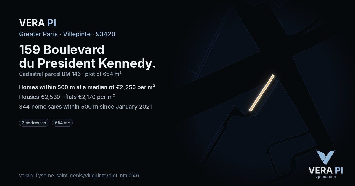 159 Boulevard du President Kennedy, Villepinte at night – the plot lit, the parcels around coloured by the prices near them