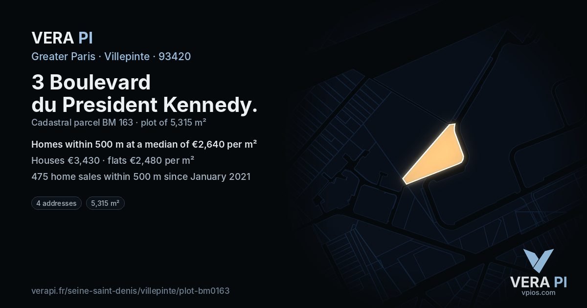 3 Boulevard du President Kennedy, Villepinte at night – the plot lit, the parcels around coloured by the prices near them