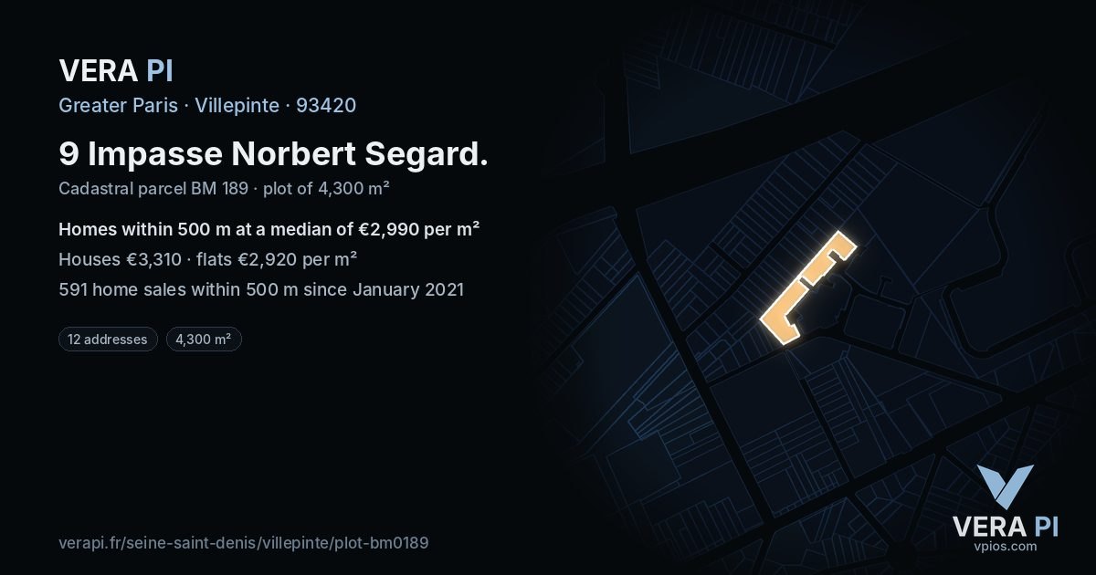 9 Impasse Norbert Segard, Villepinte at night – the plot lit, the parcels around coloured by the prices near them