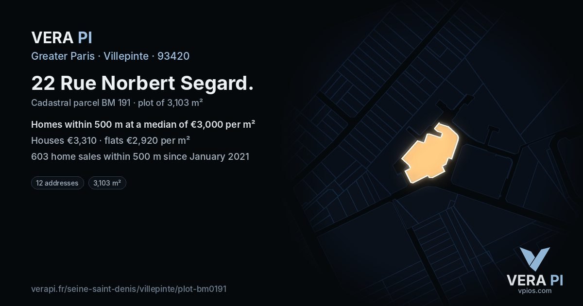 22 Rue Norbert Segard, Villepinte at night – the plot lit, the parcels around coloured by the prices near them