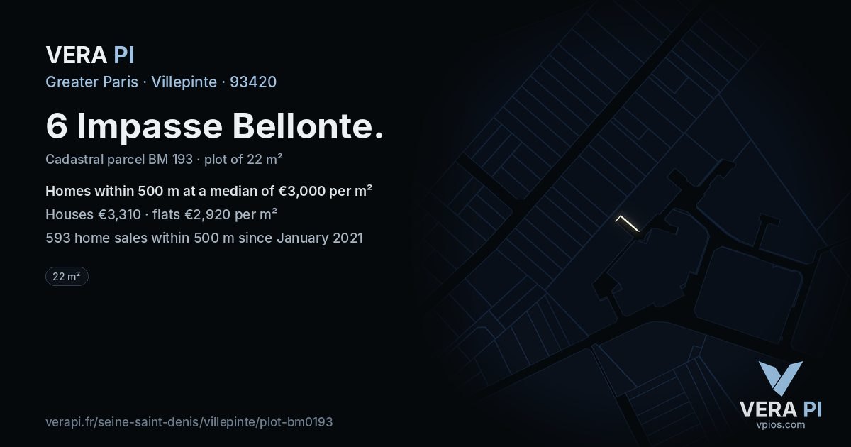 6 Impasse Bellonte, Villepinte at night – the plot lit, the parcels around coloured by the prices near them
