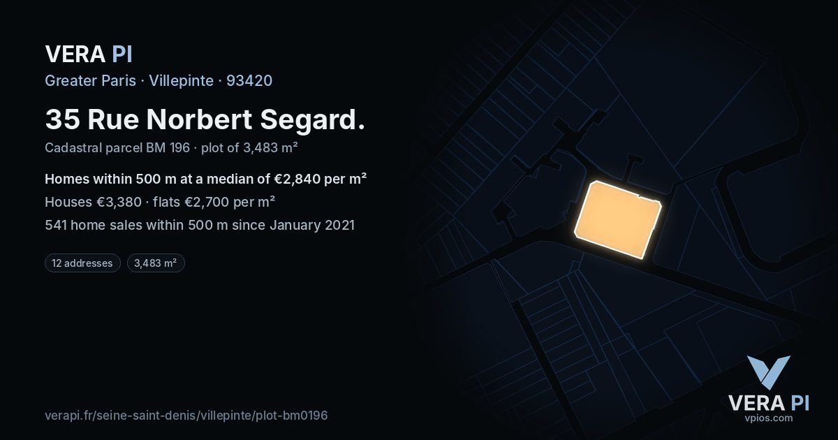 35 Rue Norbert Segard, Villepinte at night – the plot lit, the parcels around coloured by the prices near them