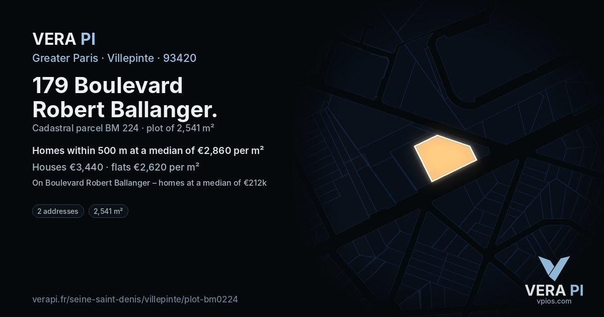 179 Boulevard Robert Ballanger, Villepinte at night – the plot lit, the parcels around coloured by the prices near them