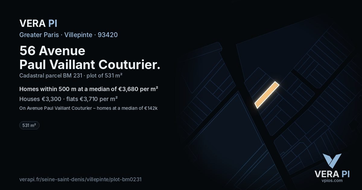 56 Avenue Paul Vaillant Couturier, Villepinte at night – the plot lit, the parcels around coloured by the prices near them